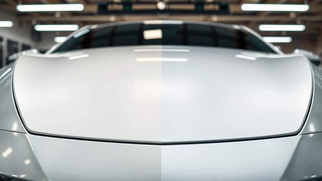 Split-view comparison of ceramic coating and clear coat displaying different scratch patterns under bright lights