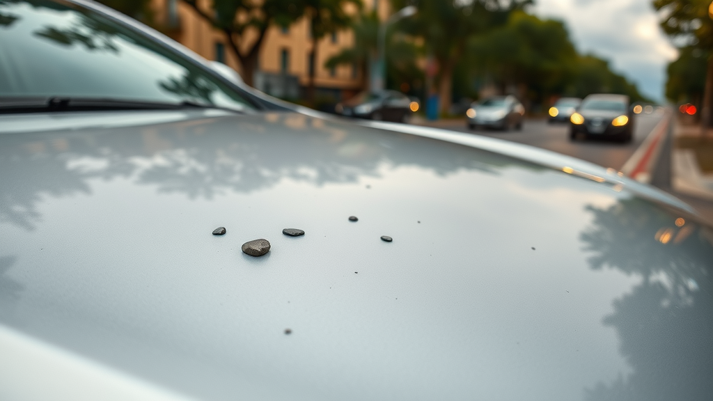 Car hood with small rock chips, water spots on silver paint with city and trees background