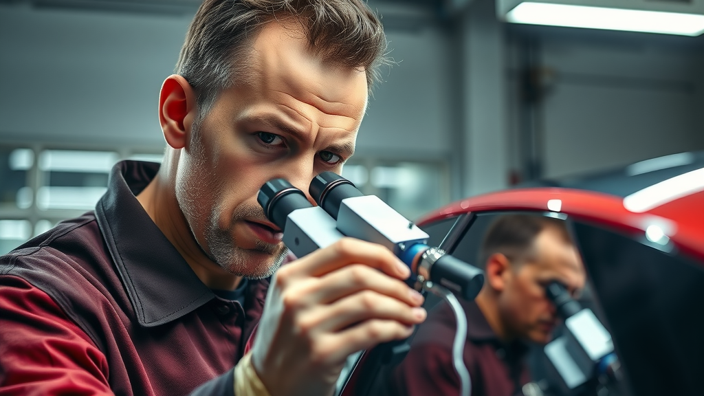 Auto professional inspecting paint quality under bright light for ceramic coating application