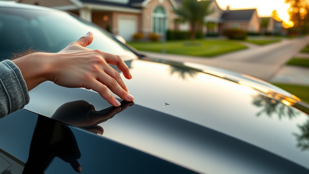 Car owner showing faint scratch on a ceramic coated car, proud expression
