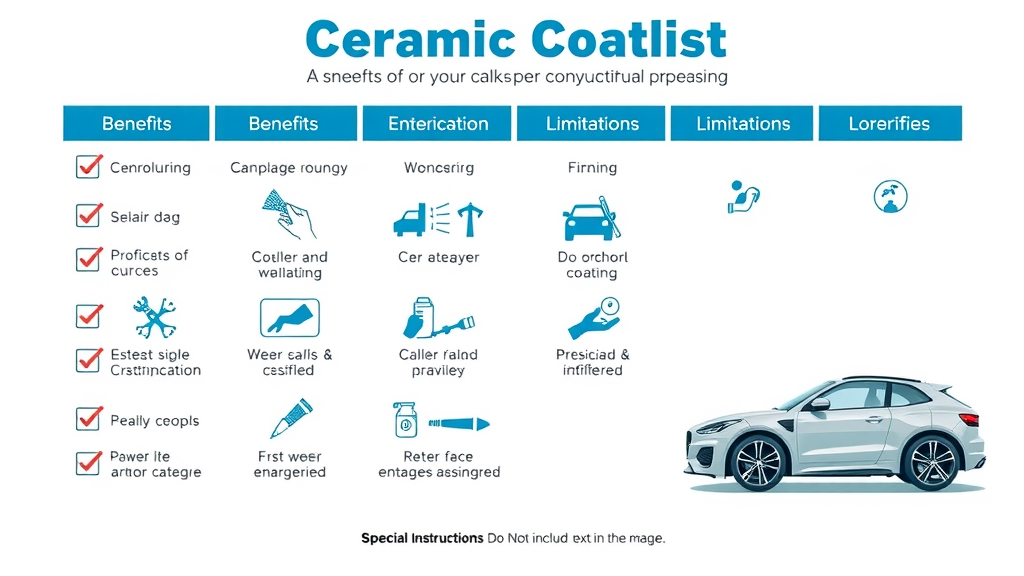 Visual checklist of ceramic coating scratch resistance benefits and limitations with car icons