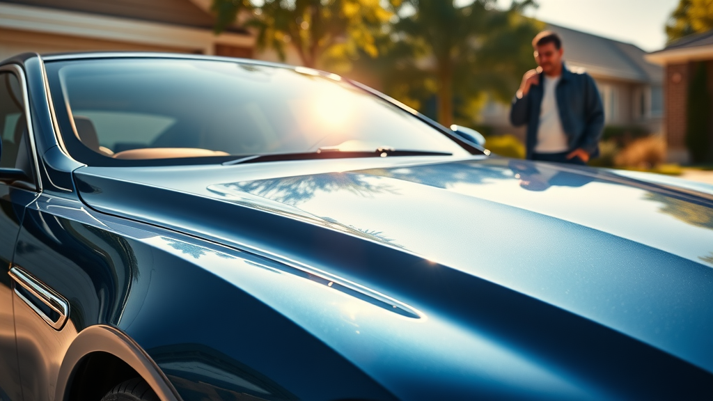 Luxury car with ceramic coating scratch resistance glowing in sunlight, proud owner admiring results