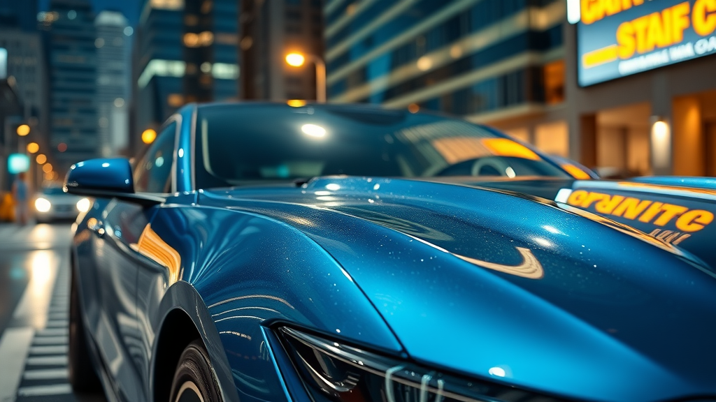 Ceramic coating aftercare on a pristine, glossy blue car reflecting city lights