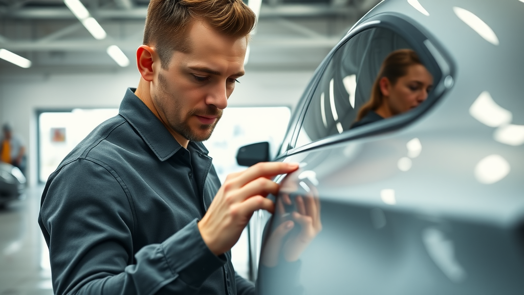 Curing process of ceramic coating aftercare with an owner inspecting newly coated car in a high-end garage
