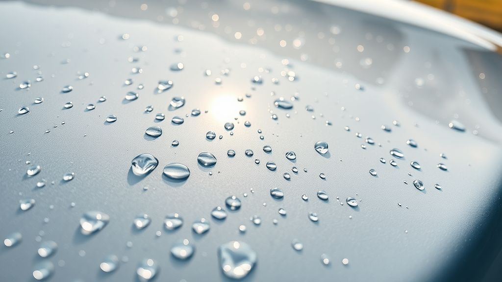 Prevent water spots on ceramic coated vehicle with close-up of water beads on a flawless surface