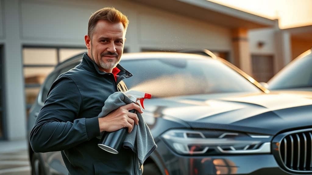 Pro tips for long-lasting ceramic coating aftercare: Detailer applying ceramic boost spray to coated SUV